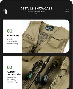 Detail view of khaki tactical vest showing V-neck collar and durable sports zippers