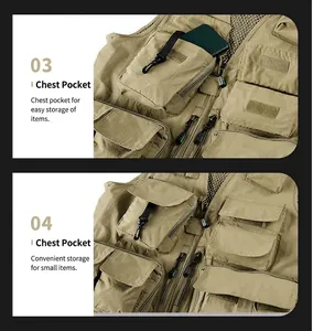 Macro detail view of a khaki outdoor fishing vest featuring functional chest pockets
