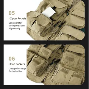 Close-up of functional zipper and flap pockets on a khaki multi-pocket outdoor vest