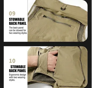 Detail view of the storable back panel feature on the outdoor tactical fishing vest