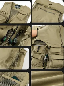 Detailed views of khaki men's multi-pocket outdoor functional mountain fishing vest