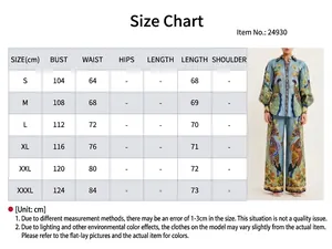 Detailed size chart for women's printed long-sleeve shirt and wide-leg pants set.