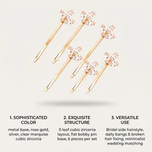 6pcs set of elegant leaf-shaped cubic zirconia bobby pins with rose gold metal base
