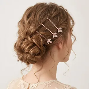 Elegant rose gold leaf hair pin set with pink marquise zircon for wedding or daily wear