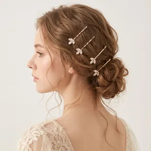 Rose gold zircon flower leaf bobby pin set for elegant bridal or daily hair styling