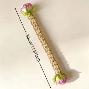 Bohemian hand-woven jute curtain tie-back with pink flowers, 30cm/11.81 inch length