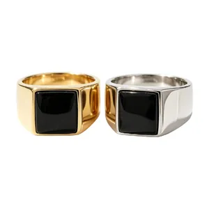 Fashion Men Square Black Stone Signet Ring 304 Stainless Steel Gold Silver Plated Minimalist Commute Finger Jewelry