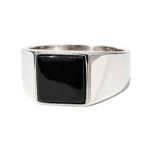 Minimalist titanium steel ring with a polished square black stone inlay