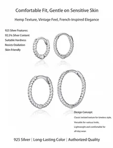 Macro view of S925 sterling silver twisted rope hoop earrings with hypoallergenic finish