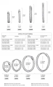 Detailed size chart for 925 sterling silver twisted rope hoop earrings in four sizes.