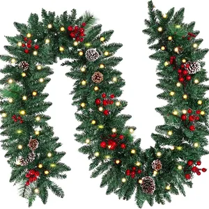 Ghirlanda Di Natale PVC Aghi Di Pino Bacche Rosse Pigne LED Luce Calda Decorazione Per La Casa Delle Vacanze Festiva