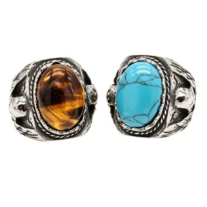Vintage Titanium Steel Skull Eagle Ring With Oval Tiger Eye Turquoise Gemstone Punk Gothic Relief Men Women Jewelry