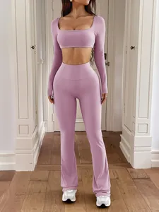 Lavender two-piece Y2K yoga set with long sleeve crop top and flared leggings