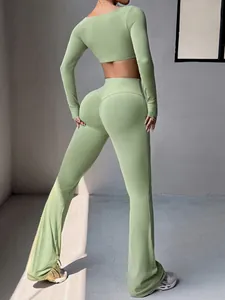 Sage green Y2K yoga set with long sleeve crop top and scrunch butt flare leggings