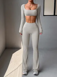 Full view of Y2K yoga set featuring long sleeve crop top and flared leggings in beige