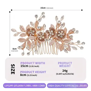 Umfassende Größen- und Gewichtsangaben für diesen luxuriösen goldenen Blumen-Haarkamm-Brautschmuck