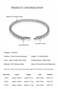 Detail view of 316L stainless steel tennis bracelet with 3A cubic zirconia and size chart