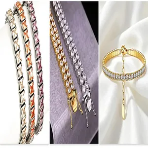 Macro view of gold and silver tennis chains with sparkling cubic zirconia inlay detail