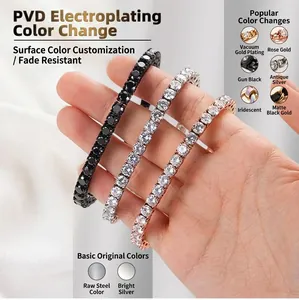 Detail view of 316L stainless steel tennis bracelets featuring various PVD plating colors