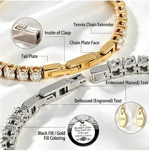 Close-up detail showing customizable engraving positions on a tennis chain bracelet