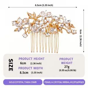 Spécifications de taille et de poids du peigne à cheveux de mariée en cristal doré