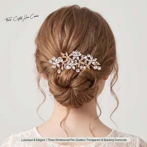 Luxueux Peigne à Cheveux de Mariée en Alliage et Strass Avec Motif de Fleur et Perle Artificielle Coiffe de Mariage Électroplaquée pour Femme