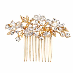 Peigne à cheveux de mariée élégant avec fleurs en cristal et design de feuilles d'or