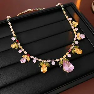 French vintage style colorful zircon necklace with teardrop pendants on black tray