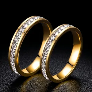 Luxury Titanium Steel Eternity Ring For Women Pave Square Round Rhinestone Row Ring Gold Silver Rose Gold Plated Fashion Jewelry