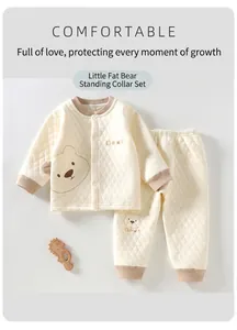 Three-layer quilted warm baby clothing set with cute bear embroidery and stand collar