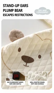 Close-up detail of baby quilted warm suit with cute 3D bear ears and soft fabric texture