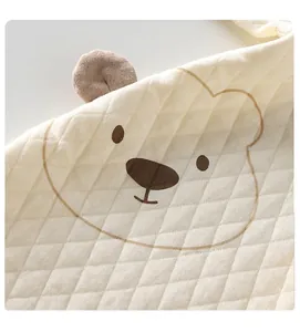 Macro detail of cute bear face pattern and texture on quilted baby thermal clothing