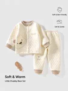 Infant Baby Boys Girls Cotton Quilted Warm Underwear Set Long Sleeve Top And Pants Two-Piece Sleepwear Homewear With Bear Pattern