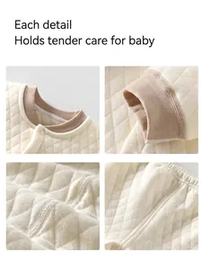 Detailed views of cream three-layer thermal quilted fabric for baby clothing sets