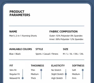 Technical specifications for men's quick-dry sports shorts showing fabric and size details