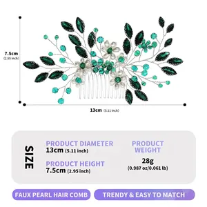 Emerald green crystal flower hair comb size guide with 13cm diameter and 28g weight