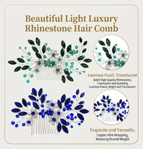 Detailed close-up of handmade leaf hair comb with crystals and pearls in blue and green