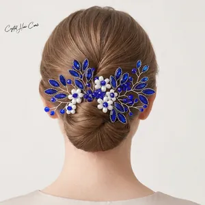 Vintage Floral Bridal Hair Comb Handmade Alloy Wire Rhinestone Faux Artificial Pearl Crystal Hair Clip For Wedding Party Women Headpiece