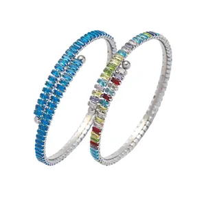 Adjustable stainless steel bangles with colorful and blue baguette zircon stones