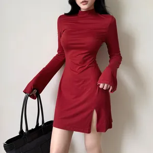 Robe Mini Femme Col Montant Manches Longues Évasées Fente Latérale Moulante Sexy Couleur Unie Robe Soirée Clubwear