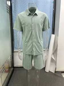 Close-up of men's sage green corduroy two-piece leisure set showing texture and fit