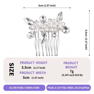 Detailed product size and weight for silver bridal hair comb with pearls and crystals