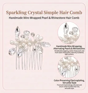 Detail view of a hand-wired silver hair comb with pearls and clear rhinestones