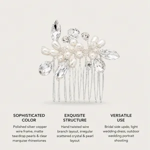 Hand-twisted wire hair comb with pearls and marquise rhinestones for bridal updos