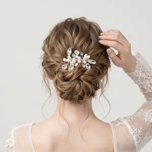 Elegant handmade bridal hair comb with white pearls and crystals for wedding updo hairstyles