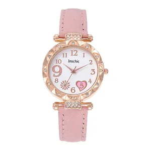 Elegant pink leather strap quartz watch with heart accents and diamond-set bezel for women