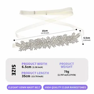 Detailed size guide for elegant bridal rhinestone belt with specific length and weight specs
