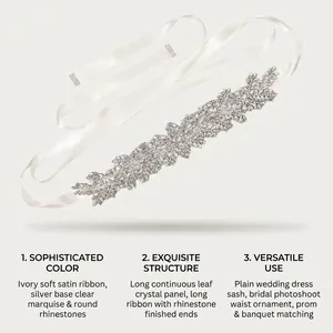 Detailed view of ivory bridal sash with leaf pattern crystal panel and satin ribbon