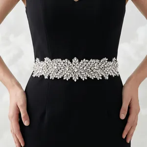 Sparkling rhinestone bridal belt with elegant leaf floral design for wedding dresses