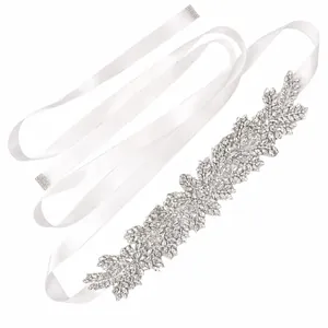 Elegant bridal rhinestone belt with white satin ribbon and crystal flower design